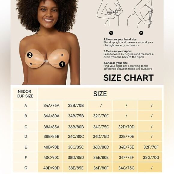 Niidor Adhesive Bra Strapless Sticky Invisible Push up Silicone Bra Backless E - Picture 15 of 16